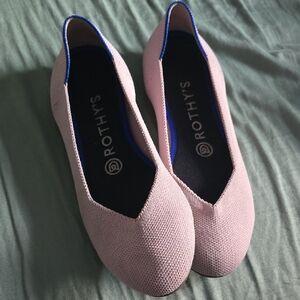 Rothy's Pink Women's Pointed Knit Flats with Blue Trim